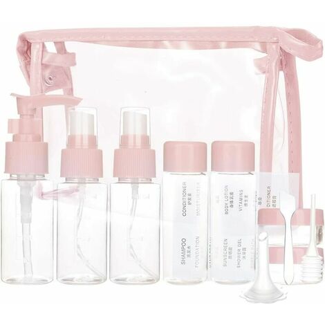 Bouteille de Voyage Cosmetique, 11pcs Bouteilles Vide Voyage pour Liquides, Kit Voyage Avion pour Cosmétiques/Shampoing/Gel Douche/Crème - Rose
