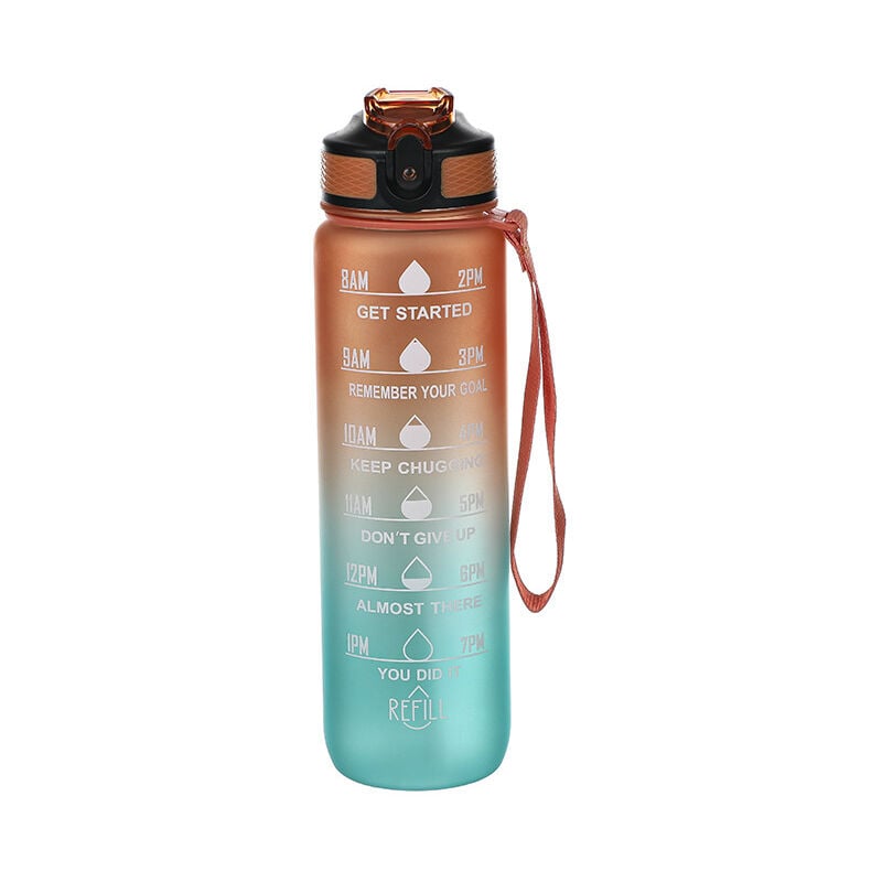 Bouteille d'eau avec paille et marqueur de temps, portable et réutilisable (1000 ml, dégradé orange bleu)