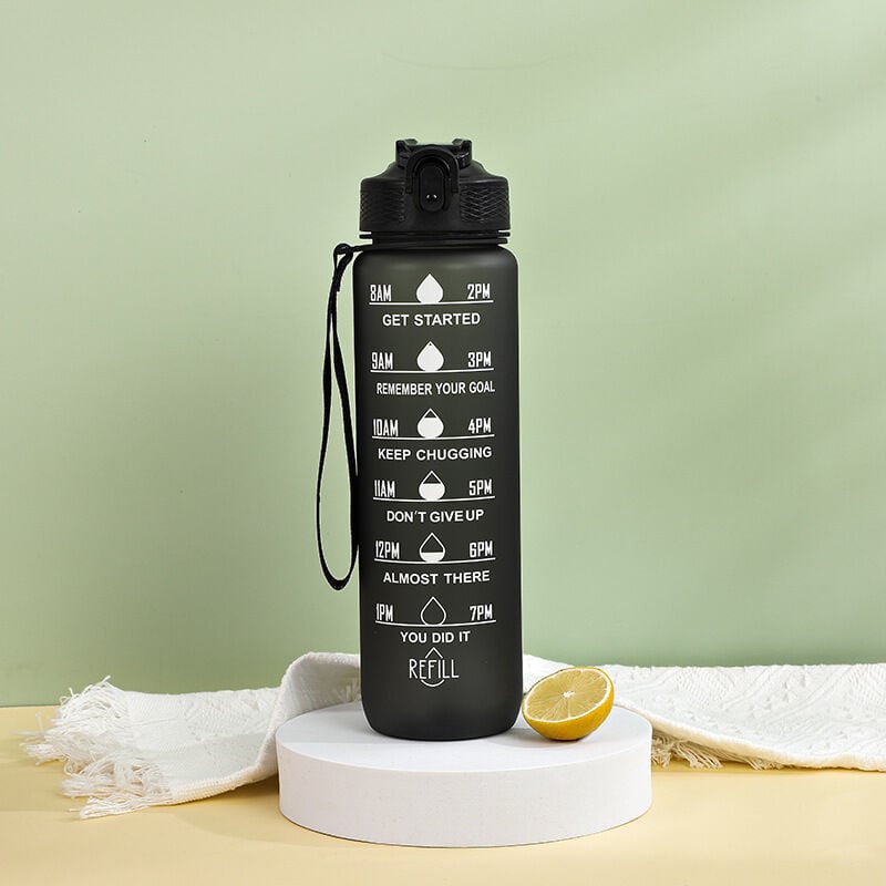 Bouteille d'eau avec paille et marqueur de temps, portable et réutilisable (1000 ml, noir)