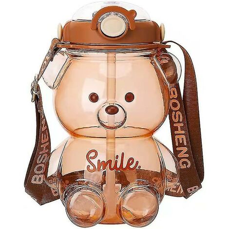 Bouteille d'eau Bear avec paille, carafe à eau étanche avec bandoulière réglable pour les voyages en camping (marron)