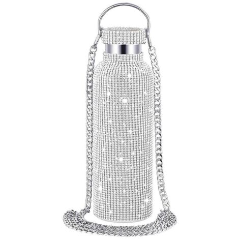 Bouteille d'eau Bling argentée à strass et paillettes avec chaînette 500ml--