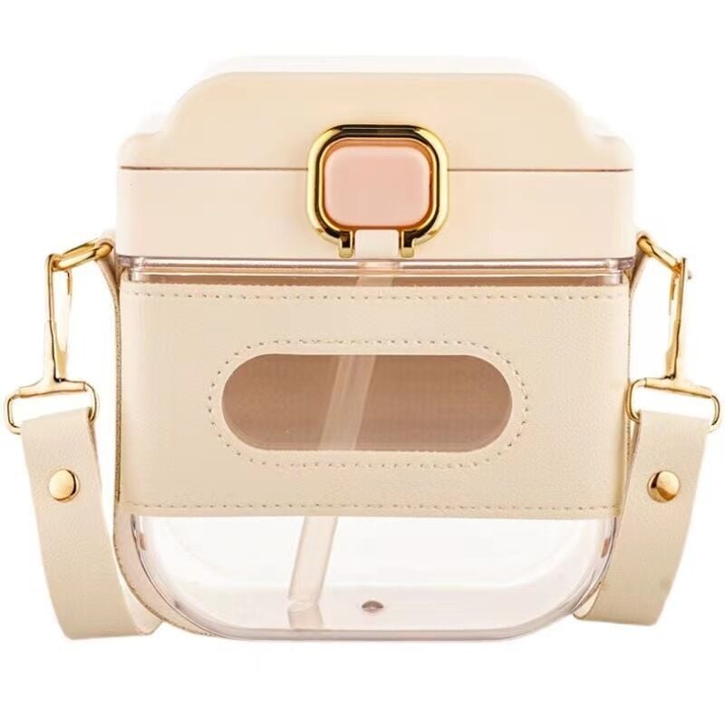 Bouteille d'eau carrée beige avec sangle réglable et paille - Bouteille d'eau en plastique réutilisable de 700 ml/24 oz