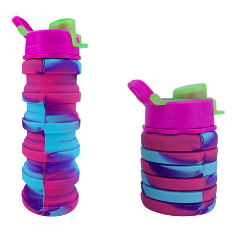 Bouteille d'eau en silicone étanche pliable portable pour enfants avec  bandoulière pour filles（Camouflage bleu