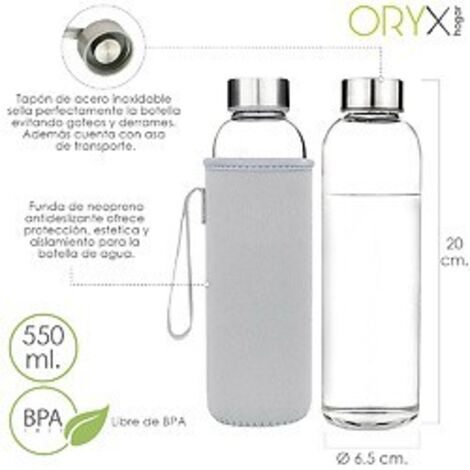 Bouteille d'eau en verre 550 ml. Housse en néoprène avec poignée. sans BPA