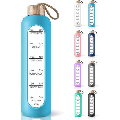 Bouteille d'eau en verre borosilicate de 946 ml (32 oz) avec indicateur de temps et citations inspirantes, étanche, réutilisable, sans BPA, avec manchon en silicone.