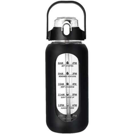 Bouteille d'eau en verre de 1,9 litre avec paille, bouteille d'eau en verre avec housse en silicone et indicateur de temps