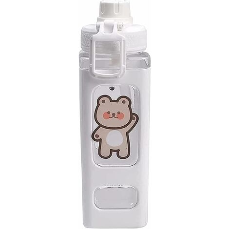 Bouteille d'eau ours avec paille et autocollant 700 ml en plastique de sport portable carré mignon tasse à jus (blanc)
