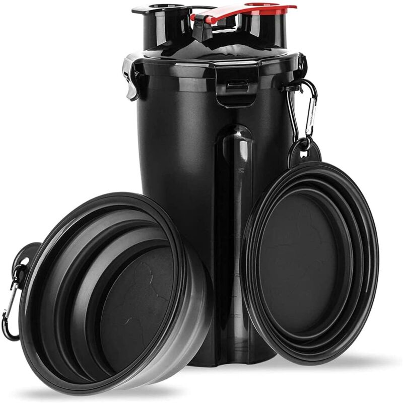 Bouteille d'eau portable 2 en 1 pour animaux de compagnie avec 2 bols pliables