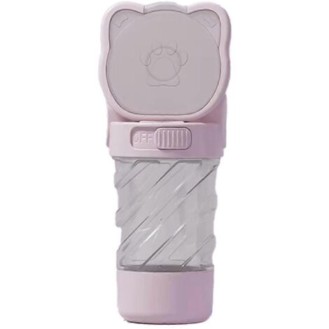 Bouteille d'eau rose pour chien et chat avec compartiment de rangement pour nourriture et eau.