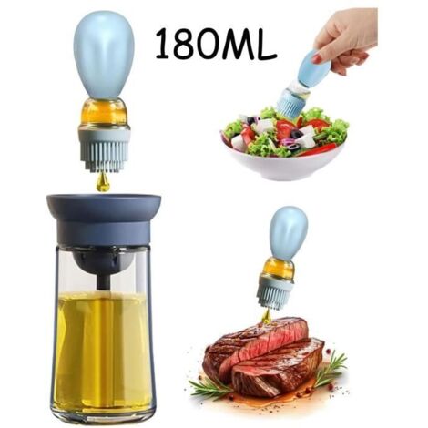 Bouteille d'Huile - Distributeur 2 en 1 - Verre et Silicone - 180ML - Bleu - Anti-fuite
