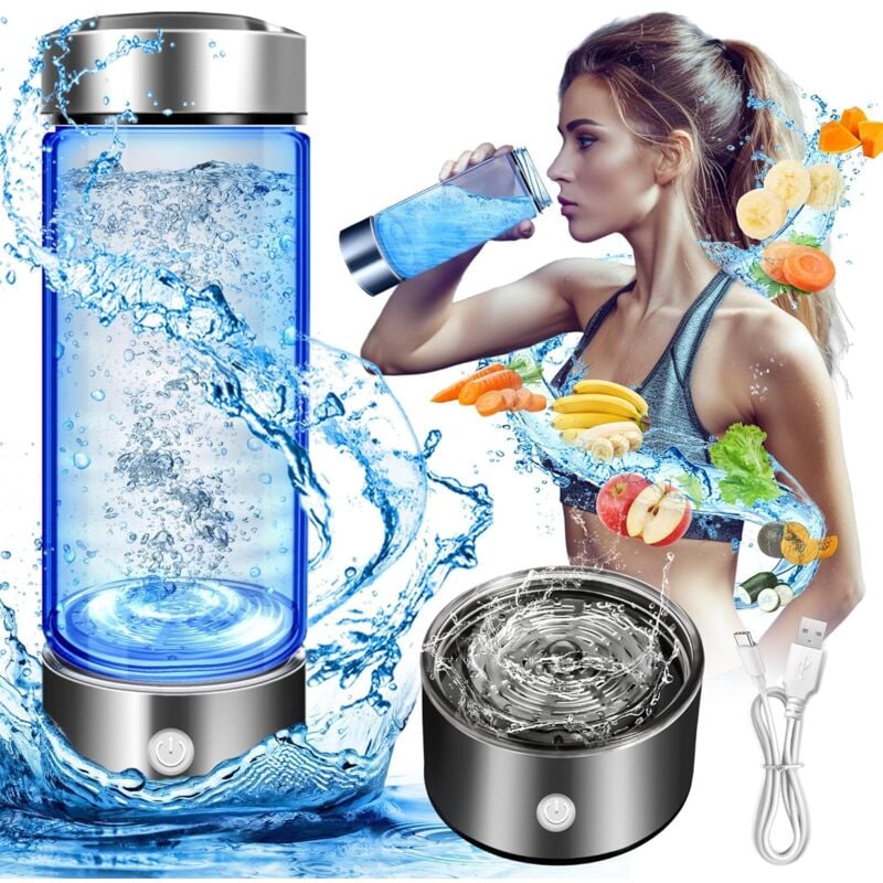 Bouteille d'hydrogène de 420 ml, Machine portable d'ioniseur d'eau hydrogène, générateur d'eau d'hydrogène (argent)