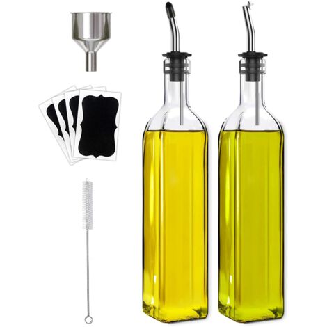 Bouteille Distributeur Huile - Verre Sans Plomb 500 ml - Bec Verseur Acier Inoxydable 18/8 - Pour Cuisine et Pique-Nique - Lot de 2