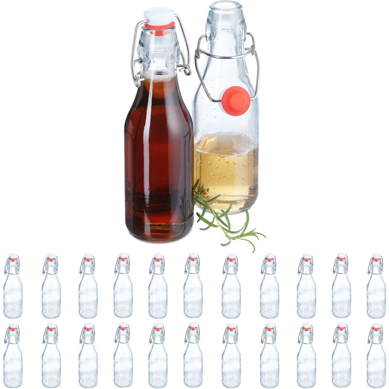 Relaxdays Bouteille en verre, lot de 24, capacité de chacune : 250 ml, à remplir, bouchon mécanique, transparente