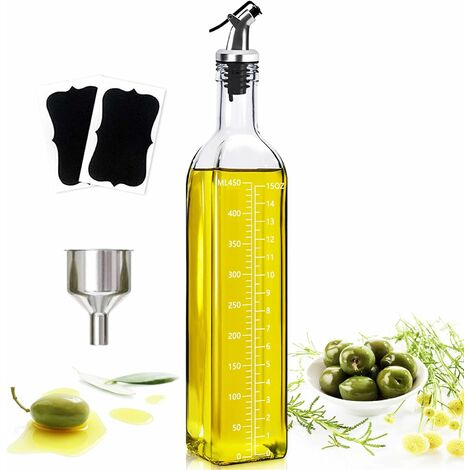 Bouteille Huile Olive, 500 ml Distributeur D'huile D'olive, Entonnoir en Acier Inoxydable et Étiquettes, Récipient pour Bouteille D'huile D'olive avec Graduation Transparente, pour Cuisine et Barbecu