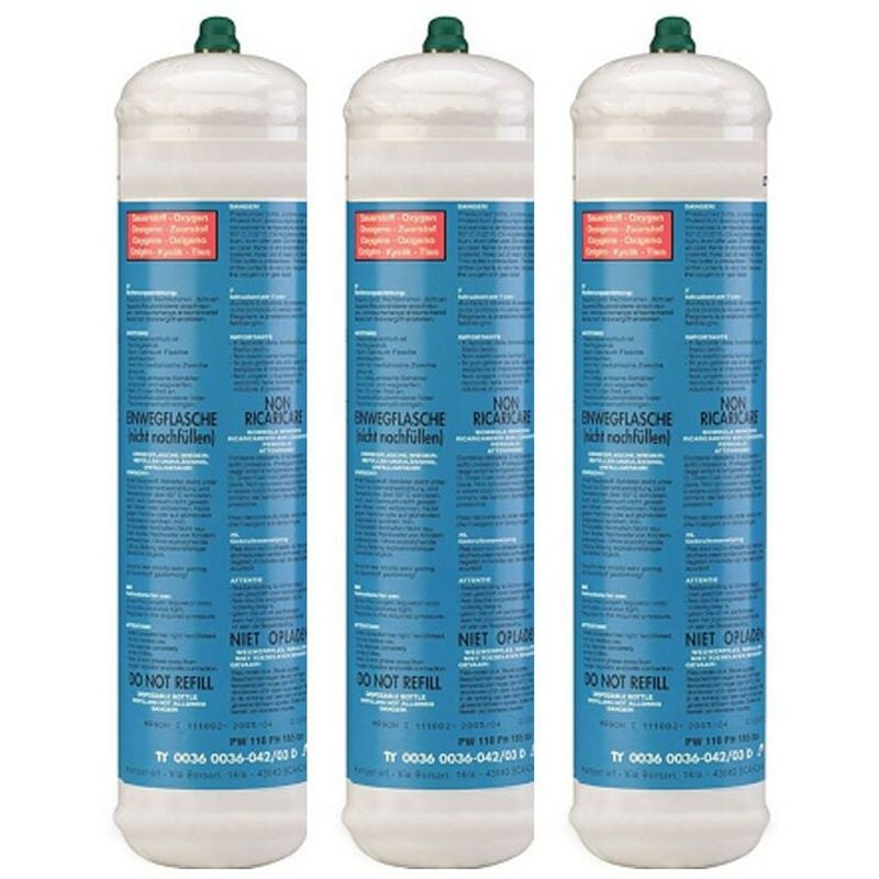Lot de 3 Bouteilles Oxygène Jetable 110 bar Connexion M10 Soudure bi-gaz 110 Litres Kemper