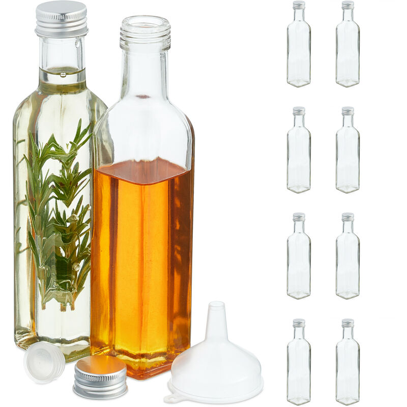 Petites bouteilles en verre, lot de 10, fioles pour spiritueux, huiles, 250 ml, bouchon à vis, transparent - Relaxdays