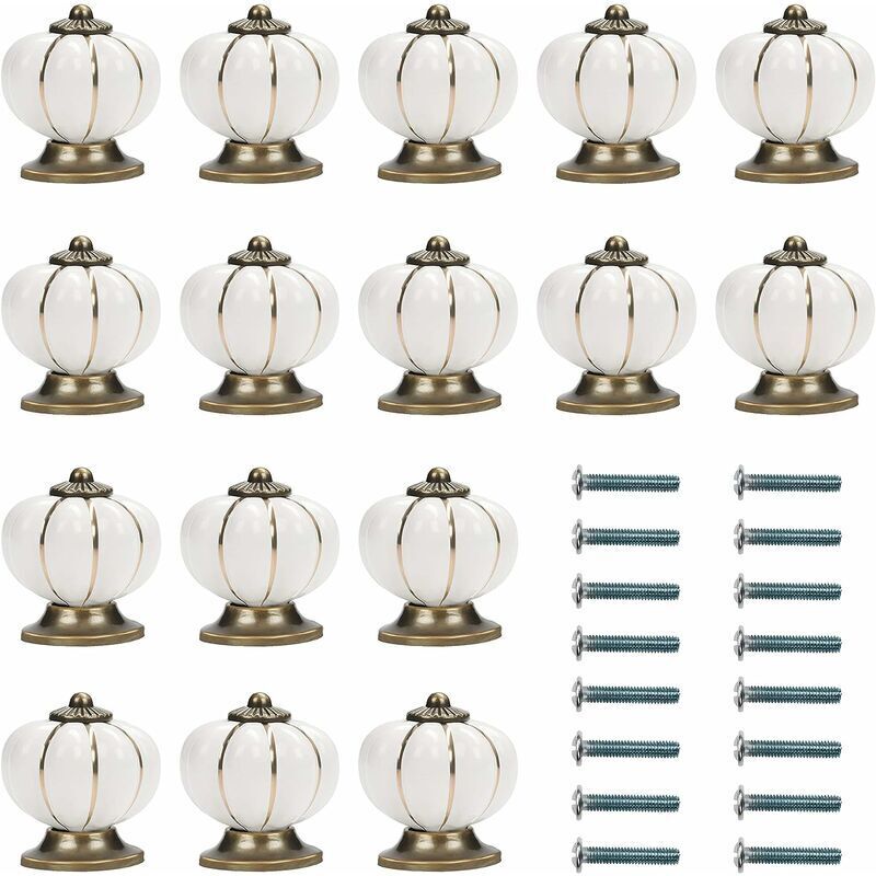 Serbia - Bouton Ceramique Meuble Blanc et Or avec Vis en Forme de Citrouille (Lot de 16) - 3,6 x 3,8 cm - Bouton de Meuble Rond Vintage - Pour