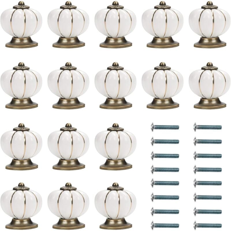 Bouton Ceramique Meuble Blanc et Or avec Vis en Forme de Citrouille (Lot de 16) - 3,6 x 3,8 cm - Bouton de Meuble Rond Vintage - Pour Maison, Bureau,