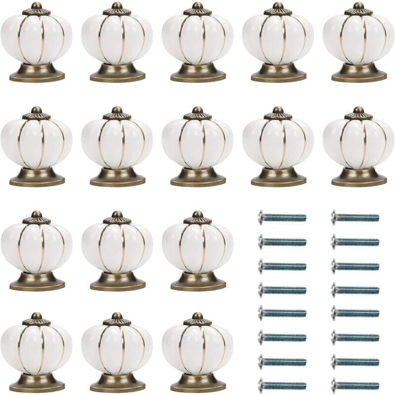 Bouton Ceramique Meuble Blanc et Or avec Vis en Forme de Citrouille (Lot de 16) - 3,6 x 3,8 cm - Bouton de Meuble Rond Vintage - Pour Maison, Bureau,