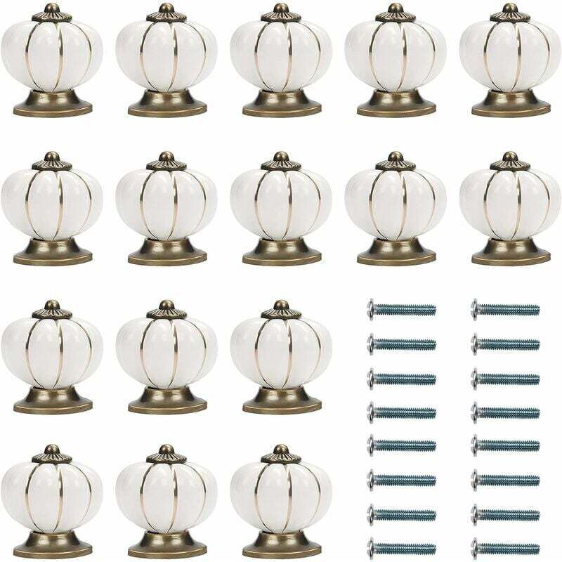 Bouton Ceramique Meuble Blanc et Or avec Vis en Forme de Citrouille (Lot de 16) - 3,6 x 3,8 cm - Bouton de Meuble Rond Vintage - Pour Maison, Bureau,