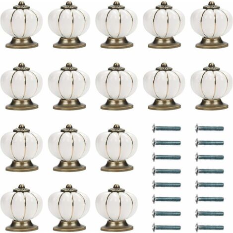 Bouton Ceramique Meuble Blanc et Or avec Vis en Forme de Citrouille (Lot de 16) - 3,6 x 3,8 cm - Bouton de Meuble Rond Vintage - Pour Maison, Bureau, Armoire de Cuisine, Tiroirs et Placard