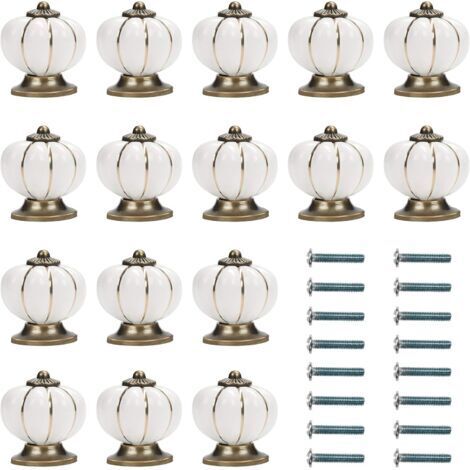 Bouton Ceramique Meuble Blanc et Or avec Vis en Forme de Citrouille (Lot de 16) - 3,6 x 3,8 cm - Bouton de Meuble Rond Vintage - Pour Maison, Bureau, Armoire de Cuisine, Tiroirs et Placard