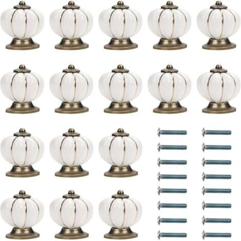 Bouton Ceramique Meuble Blanc et Or avec Vis en Forme de Citrouille (Lot de 16) - 3,6 x 3,9 cm - Bouton de Meuble Rond Vintage - Pour Maison, Bureau, Armoire de Cuisine, Tiroirs et Placard
