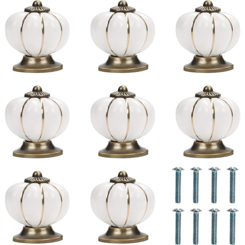 Bouton Ceramique Meuble Blanc et Or avec Vis en Forme de Citrouille (Lot de 8) - 3,6 x 3,9 cm - Bouton de Meuble Rond Vintage - Pour Maison, Bureau,