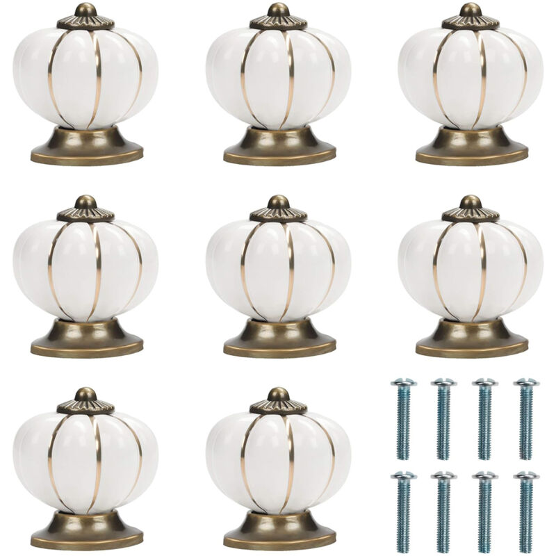 Bouton Ceramique Meuble Blanc et Or avec Vis en Forme de Citrouille (Lot de 8) -4 x 4 cm - Bouton de Meuble Rond Vintage - Pour Maison, Bureau, Armoir