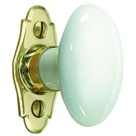 Bouton de fenêtre en porcelaine de Limoges – Rosace en laiton poli – Dimensions 71x35mm – Entraxe 43mm – Vis en laiton fournies – Merigous