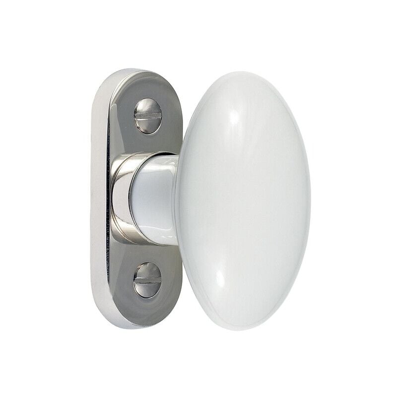 Bouton de fenêtre ovale en porcelaine finition blanc sur platine moderne nickel brillant - mérigous