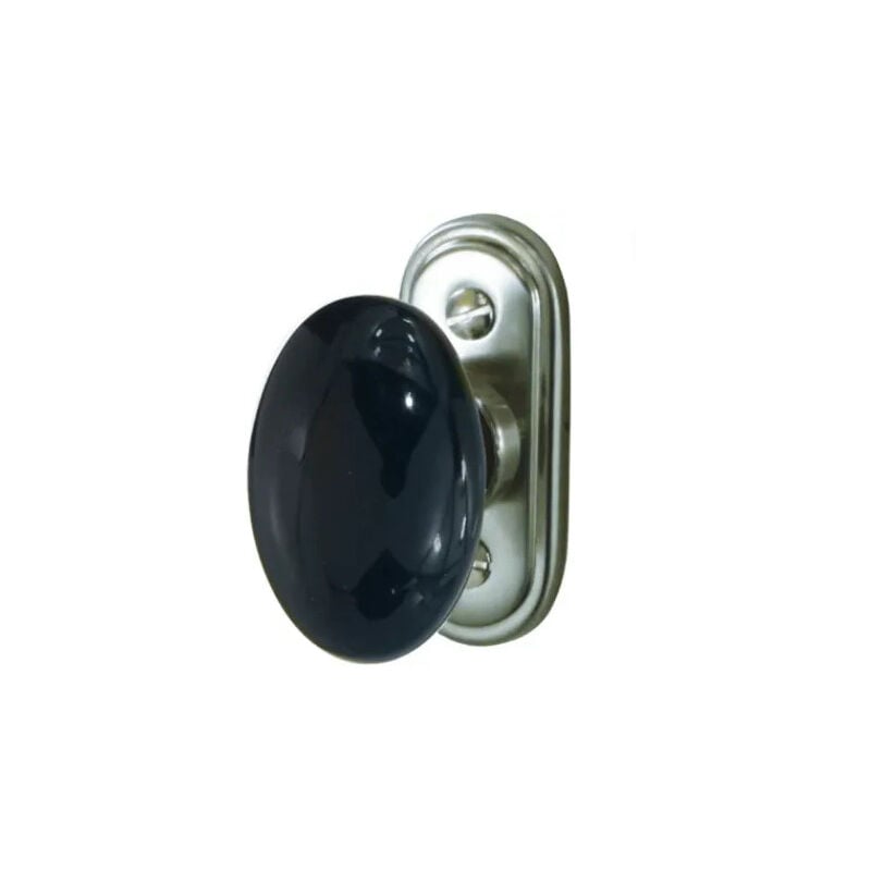 Bouton de fenêtre ovale en porcelaine noire sur platine zamak nickelée satinée.