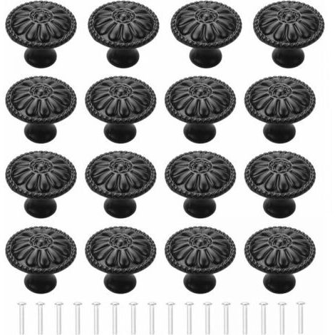 Bouton de Porte Noir 16Pcs Poignee de Meuble Cuisine Boutons de Tiroir Boutons de Placard Vintage Ronds Poignées Bouton de Meuble Avec Vis Pour Commode Placard Cuisine