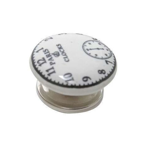Bouton Meuble Céramique Blanc Horloge Vintage Diamètre 40mm