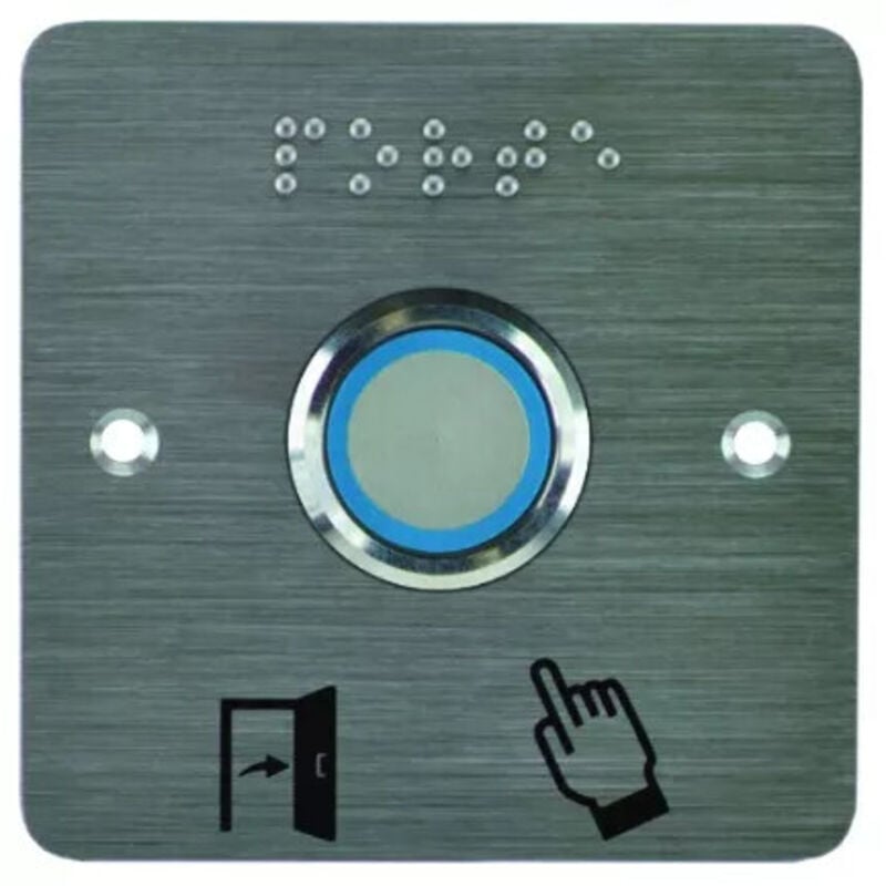 Bouton poussoir inox Ø 25 mm bleu/vert/buzzer 12/24V AC/DC contact NO+NC plaque inox braille + porte picto - Izyx