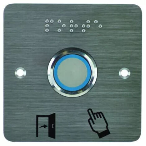 Bouton poussoir large PMR 12/24VCC – Marquage en Braille – Halo lumineux bleu/vert – Buzzer – Temporisation réglable jusqu'à 60s