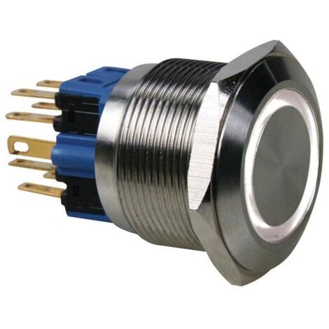 BOUTON-POUSSOIR - PLAT - ACIER INOXYDABLE - DPST 1NO 1NF - ANNEAU BLANC INFO GAMES R2000W