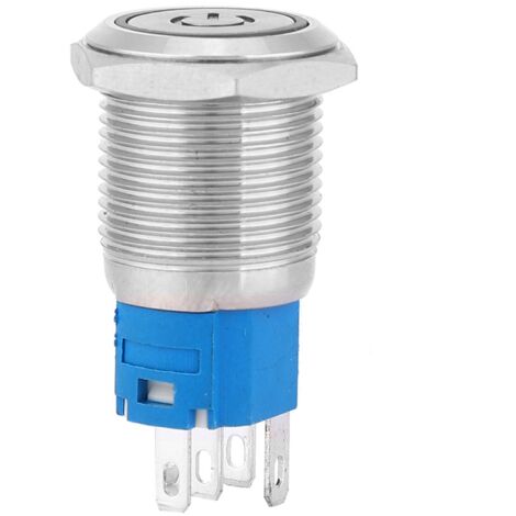 Bouton poussoir rond 16mm métallique plat 12V avec anneau LED jaune et symbole ON/OFF, réinitialisation automatique