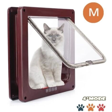 (bouton rouge + bleu-brun)Chatiere Pour Chat Chien,Chatiere Chat avec Serrure Contrlable Verrouillable,Chatière avec Tunnel Cache Facile à Installer-Brun M