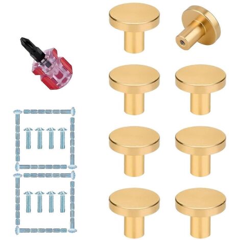 Boutons de meuble dorés - 8 poignées rondes en laiton brossé