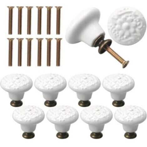 Boutons de meuble porcelaine 34mm - 10 pièces vintage, blanc, avec vis et détails métal pour portes, armoires, tiroirs, buffets et décor intérieur