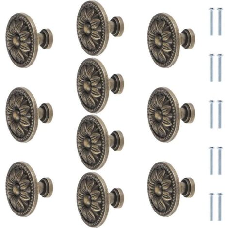 Boutons de meuble ronds en bronze vieilli avec motif floral – Lot de 10 pièces de 35 mm – Style vintage pour tiroirs et armoires