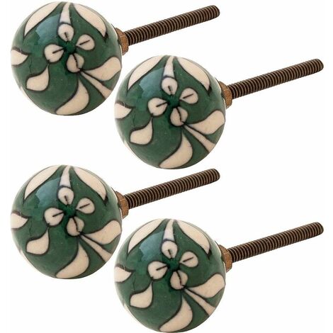 Boutons de porte en céramique verte motif fleurs (Lot de 4) - Vert