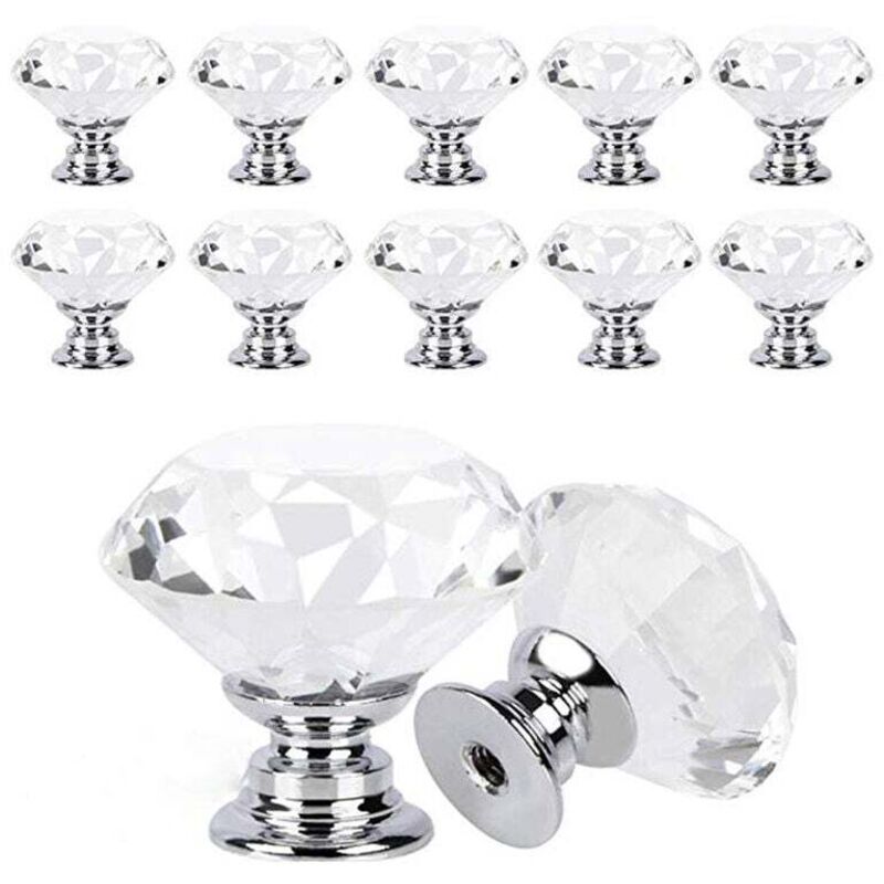Boutons de Portes Cristal Poignées de Tiroir à Diamant Clair avec Vis Idéal pour Armoire Bureau Table de Chevet Bibliothèque Meubles 12 Pièces 30mm