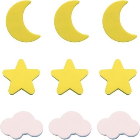 Boutons de tiroir - Enfants - 9 pcs - Étoile, Lune, Nuage - Caoutchouc souple PVC - Jaune, Blanc