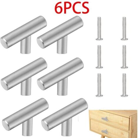 Boutons de Tiroir - Inox - T - Argent - Lot de 6 - Dimensions 50x12x31mm
