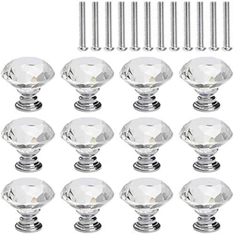 Boutons et poignées de meubles,12 Pcs Bouton de Meuble Cristal, Base en Argent - avec Vis de25mmLongueurs,3030mm
