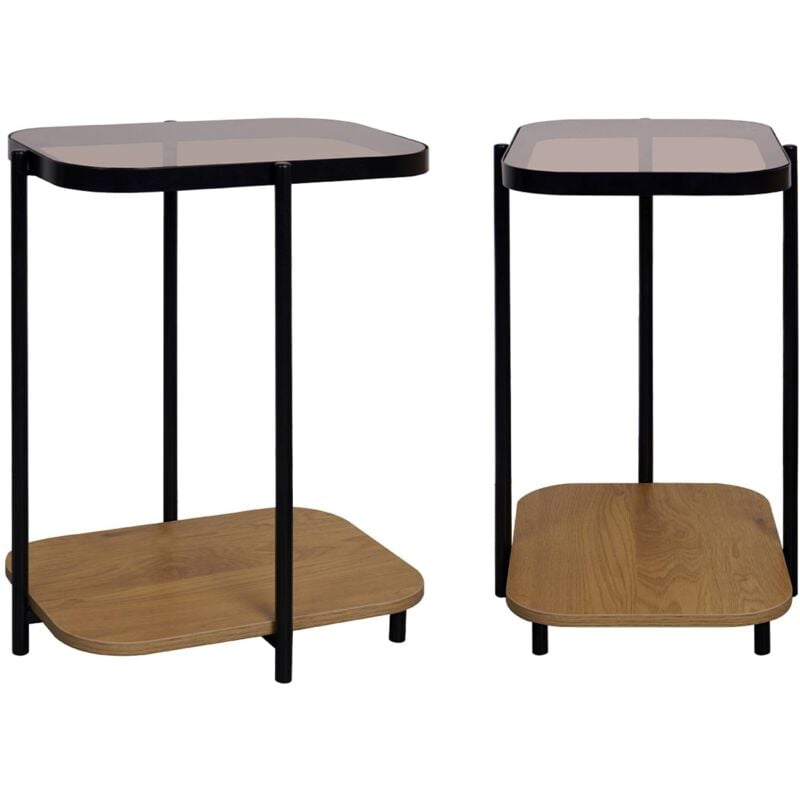 Lot de 2 bouts de canapé vintage en métal noir avec 2 plateaux (verre et décor bois). bords arrondis