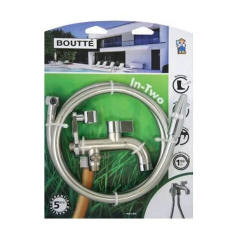 Boutté – Robinet extérieur 1/4 de tour avec 2 sorties mâles 15x21 – Tuyau caoutchouc 150 cm – Lance en métal pour nettoyage efficace