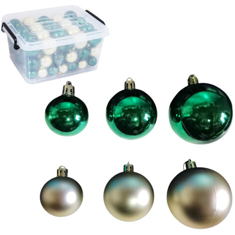 Box 90 palline verde albero di natale lucido e champagne in 3 misure da cm 4-5-6